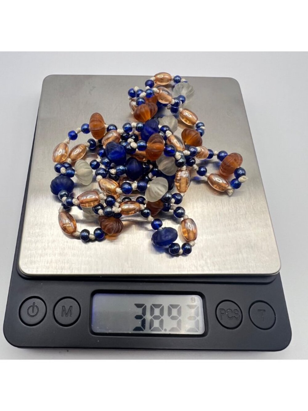 Vintage Hand Knotted Glass Bead Necklace 36" Cobalt Blue Amber Frosted White - Picture 6 of 8